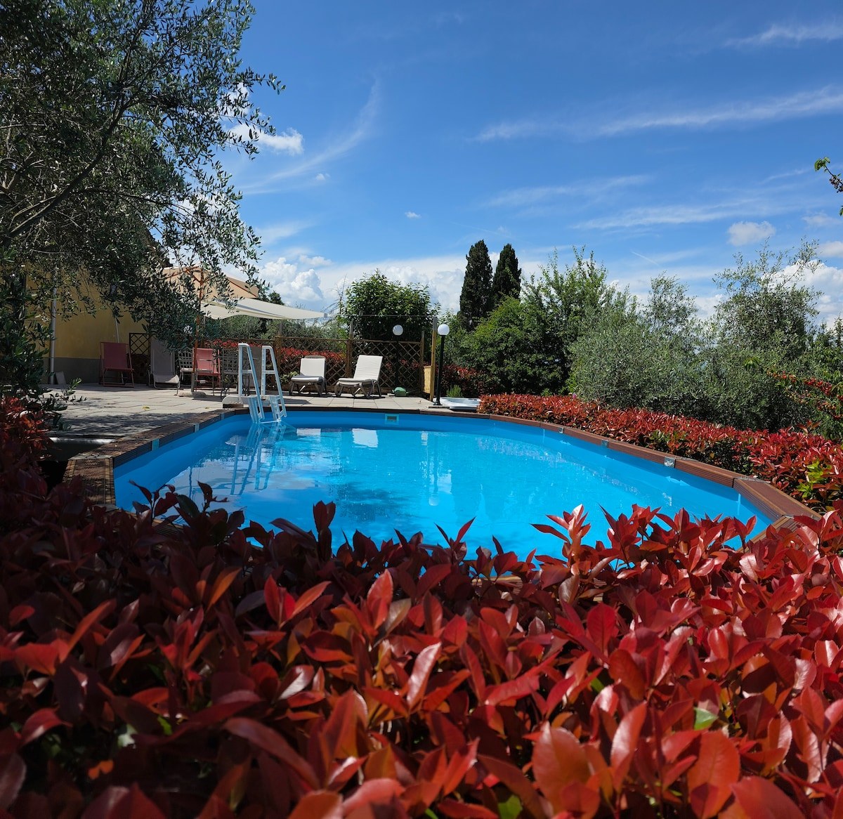 Podere Pagliaio 1 &mdash; La piscina vista dal giardino fiorito